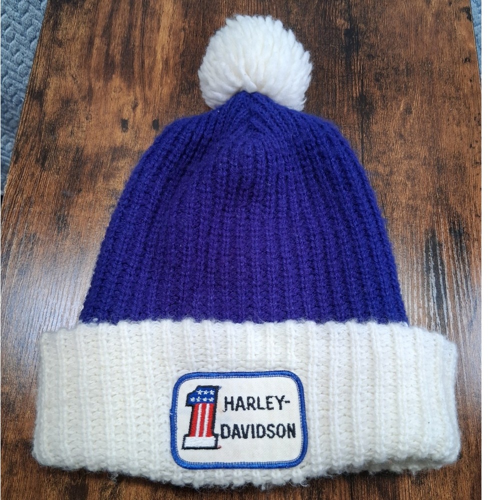 Vintage Harley Davidson #1 Logo Knit Pom Beanie Blue White Biker Winter Hat